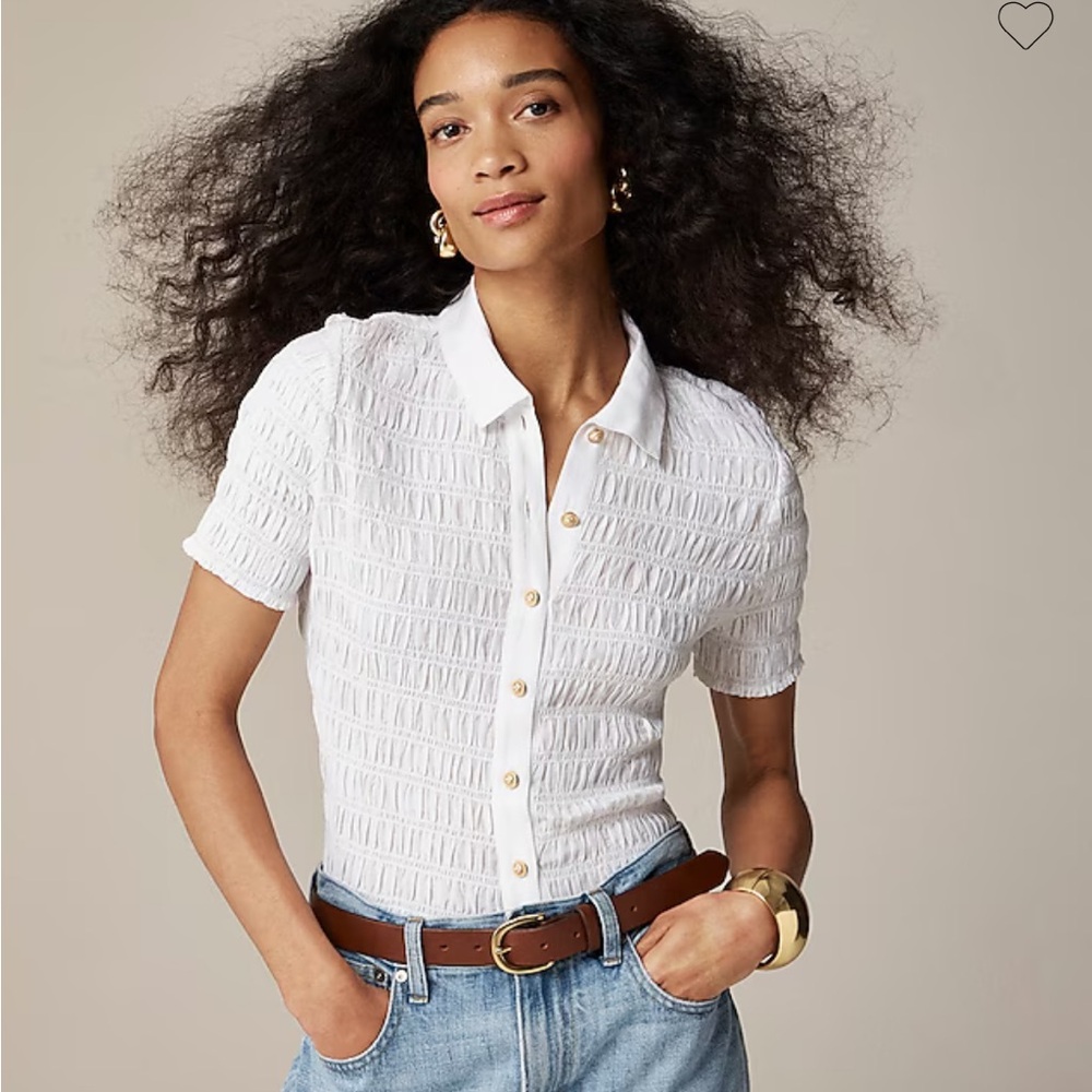 J. Crew Top Smocked button-up shirt in cotton-blend voile / white / Sz. L - Picture 6 of 12